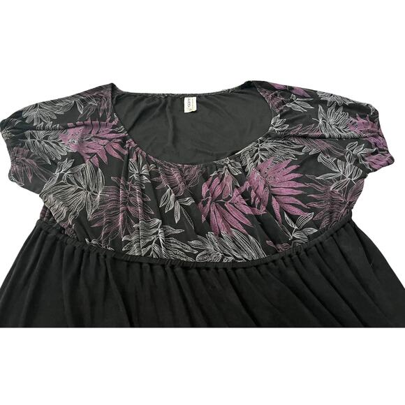 YUMMY PLUS SCOOP NECK MIDI A-LINE WAIST DRESS, WOMENS, 2X, BLACK W/PURPLE FLORAL - Picture 3 of 10